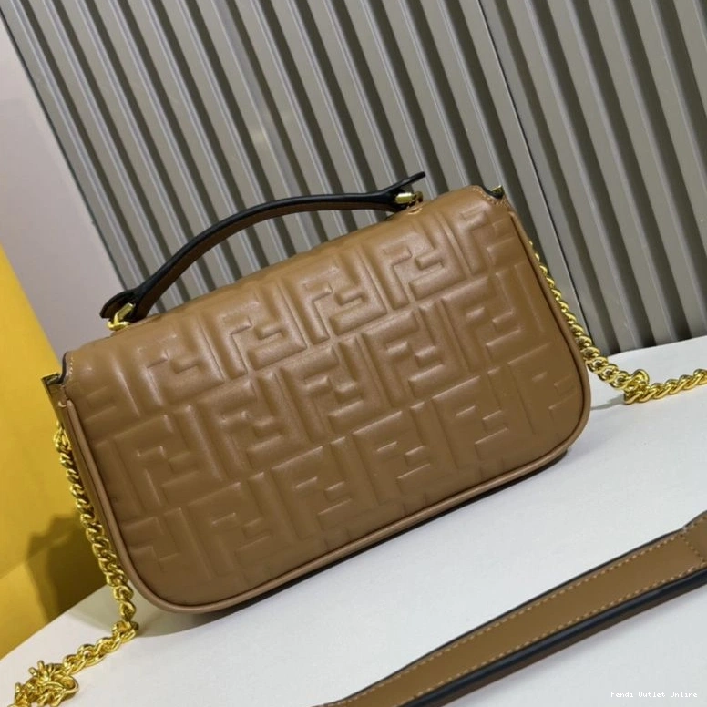 Affordable In Chain Brown Leather Nappa Baguette Fendi Midi FF Bag Motif 0825